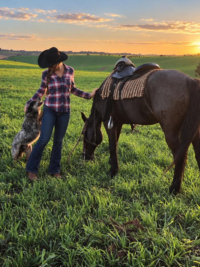 Mulher de chapéu com um cachorro e um cavalo selado no campo, ao pôr do sol