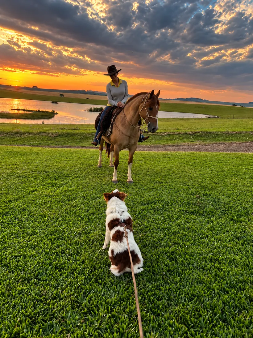 Lara montada a cavalo ao pôr do sol, à beira de um açude