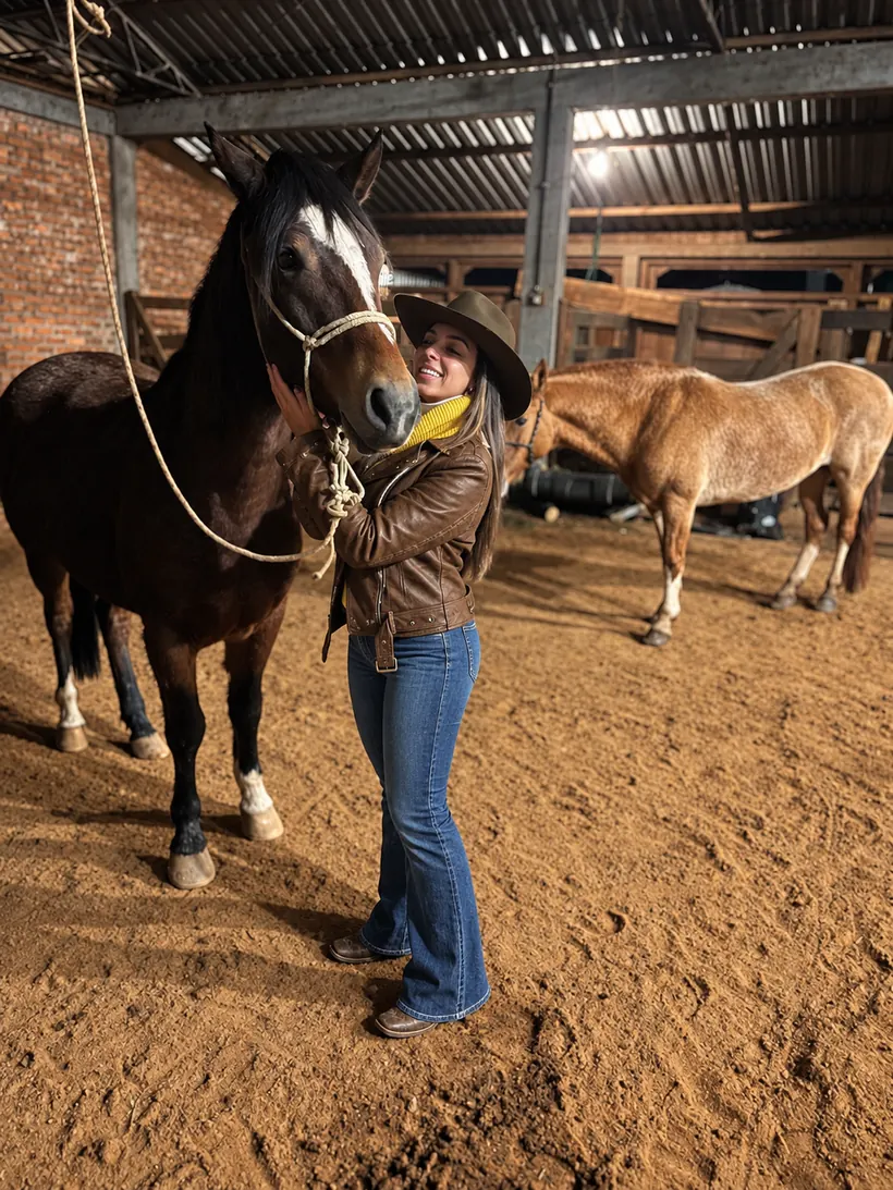 Lara abraçando um cavalo em um estábulo