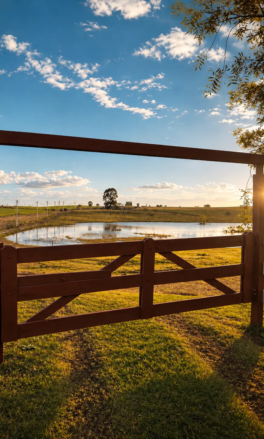 Porteira de fazenda ao pôr do sol, com lago ao fundo